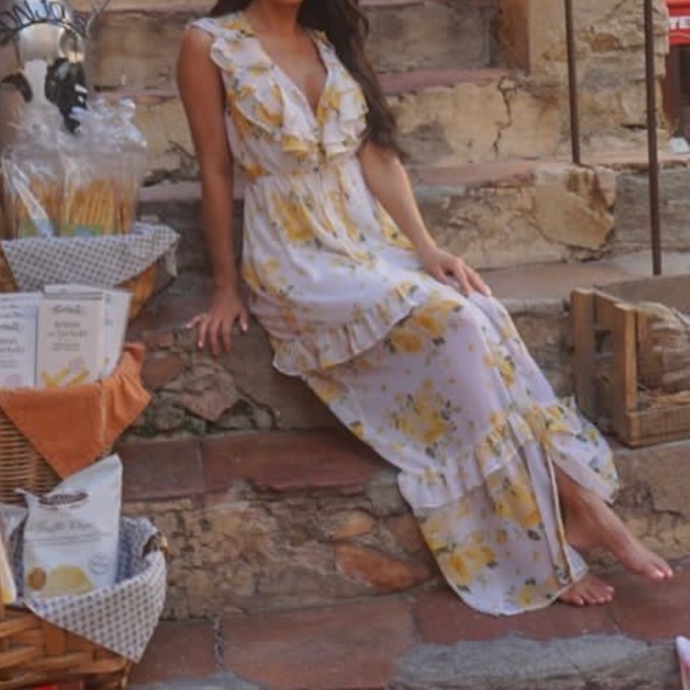 White yellow floral flowy dress